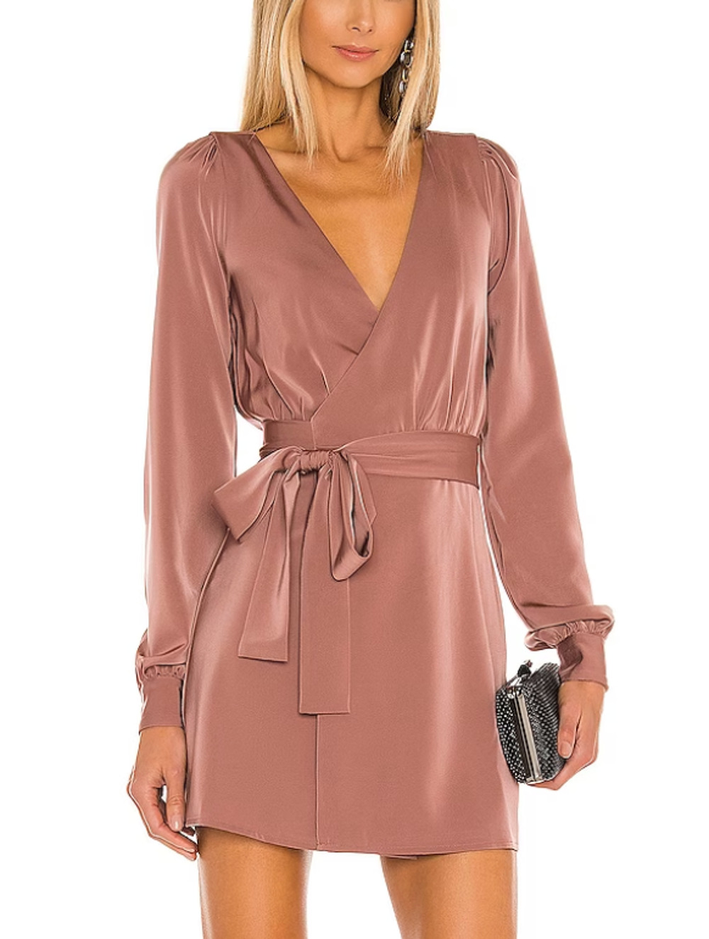NBD Wrap Mini Dress SMALL Satin Plunging Cocktail Revolve Designer $218 NEW